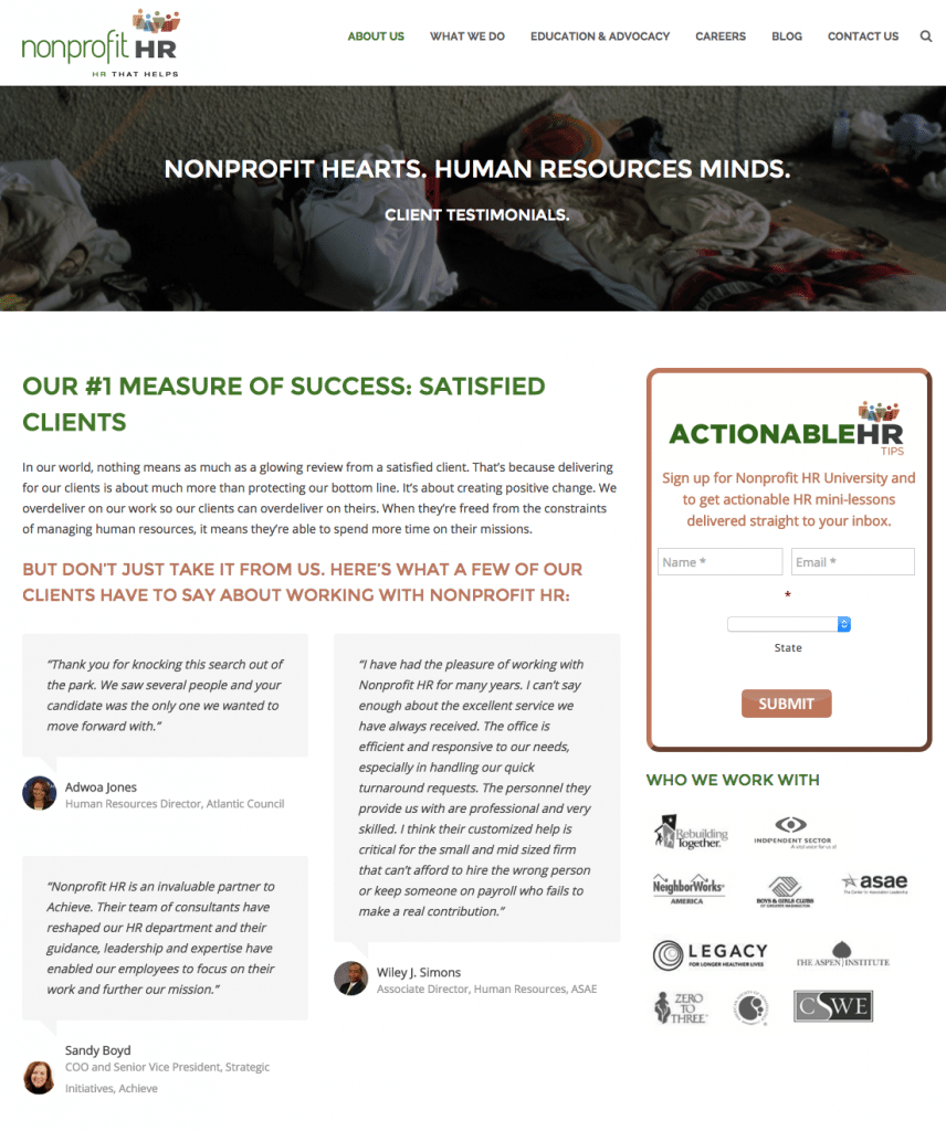 Non Profit HR Testimonial Examples