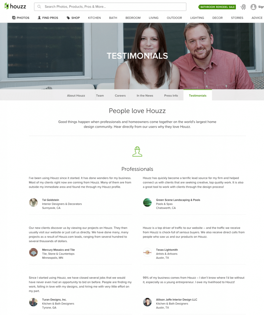 Houzz Testimonial examples