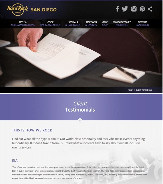 Hard Rock Hotel San Diego Testimonial Examples