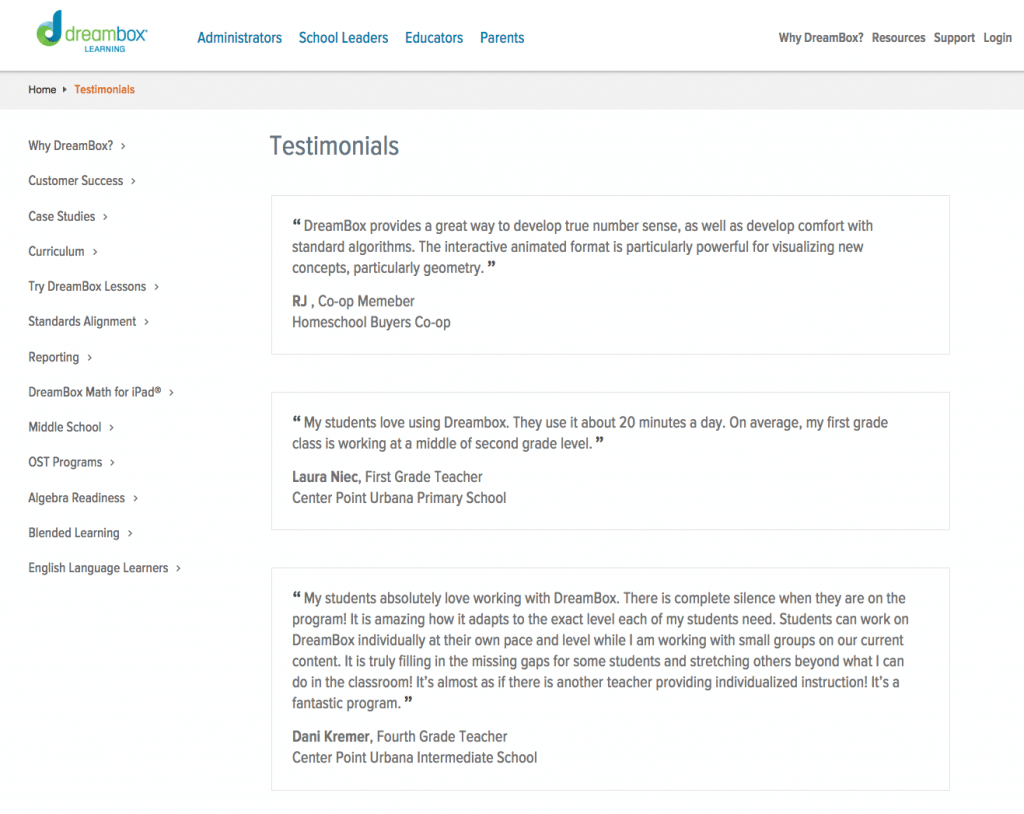 DreamBox Learning Testimonial examples