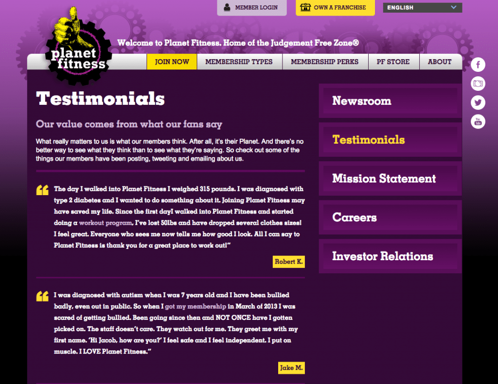 Planet Fitness Testimonial Examples