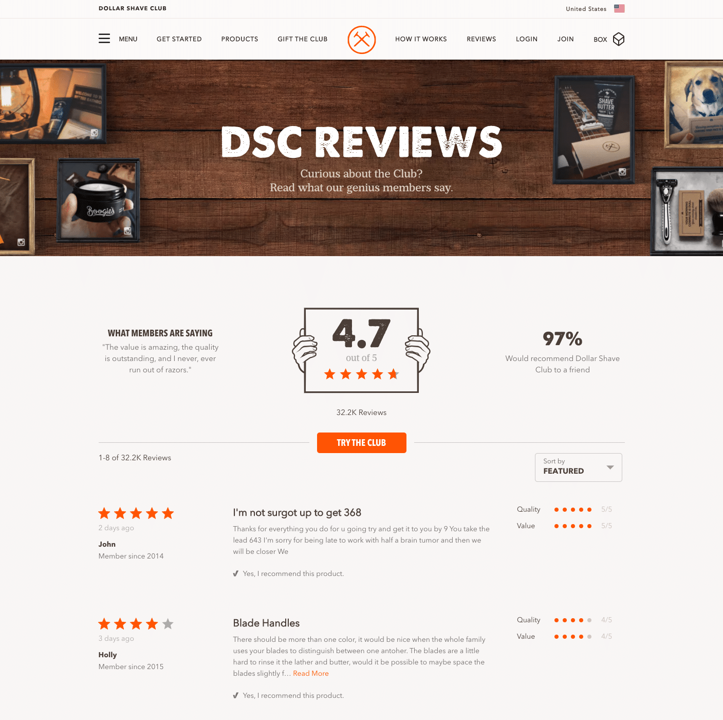 Dollar shave club Testimonial Page