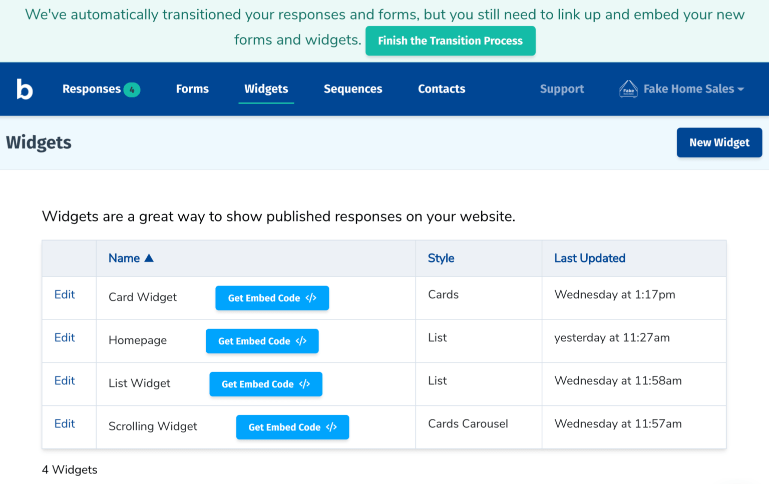 screenshot of widgets listing page