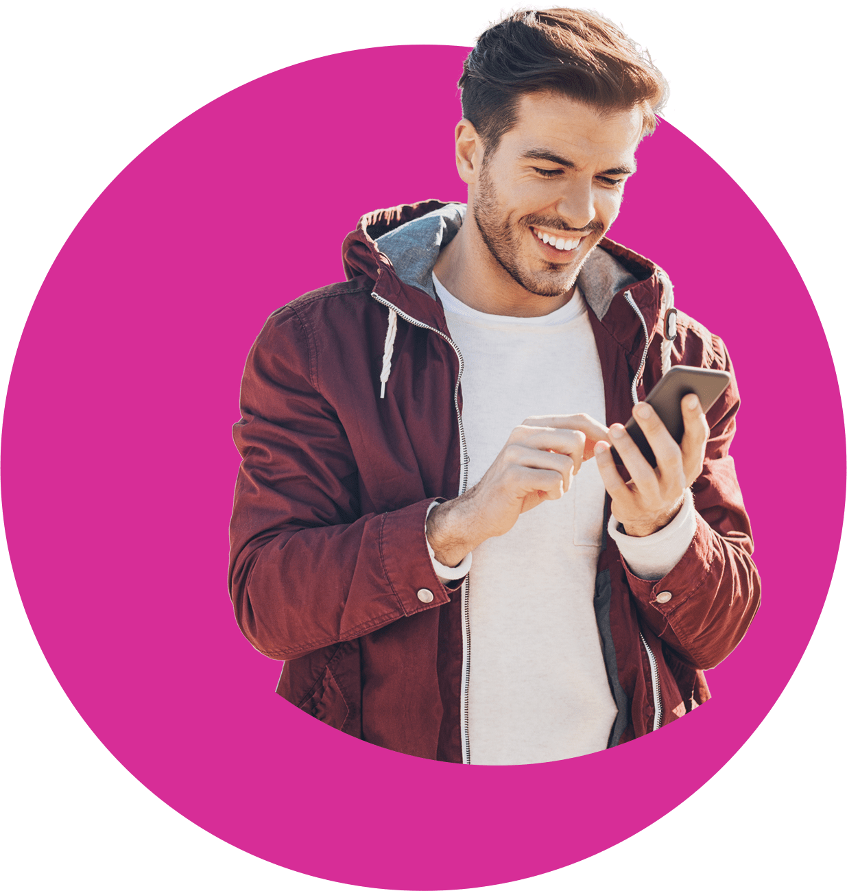 Business owner smiling while reviewing a customer video testimonial on a phone