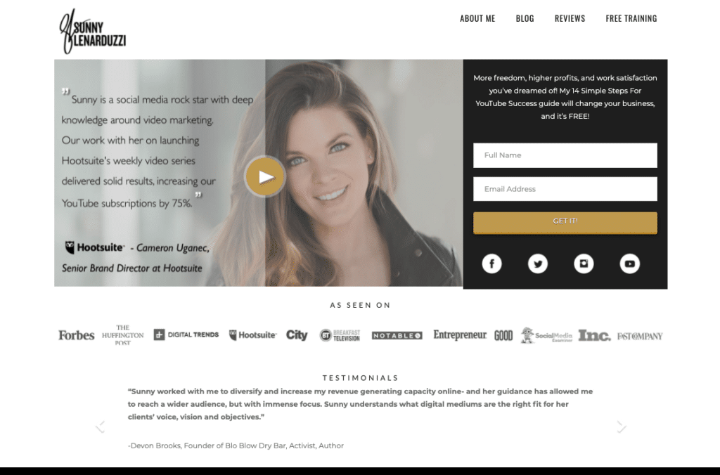 Landing page example from Sunny Lenarduzzi showing awards and recognition