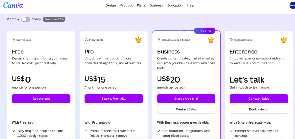 Canva pricing 2026
