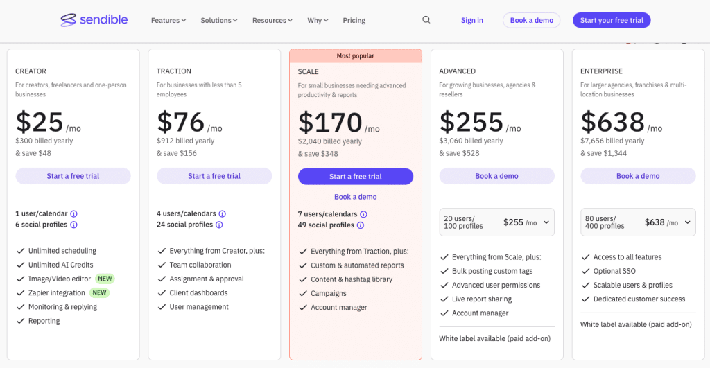 Sendible pricing